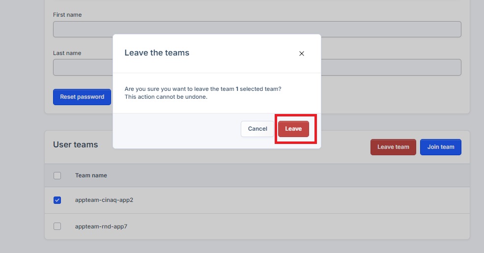 Leaving team confirmation pop-up