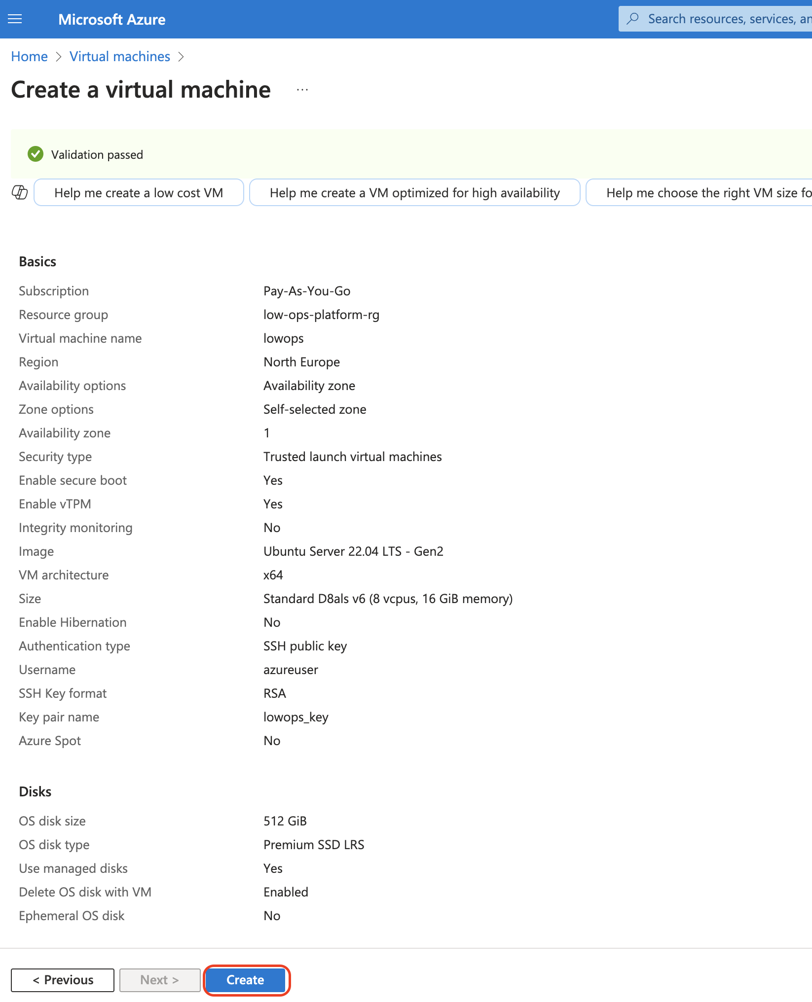 Azure Virtual Machine Create
