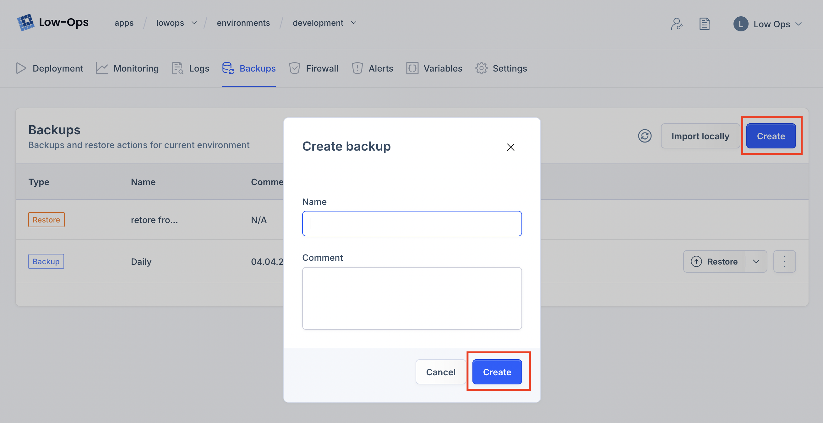 Create Backup Dialog