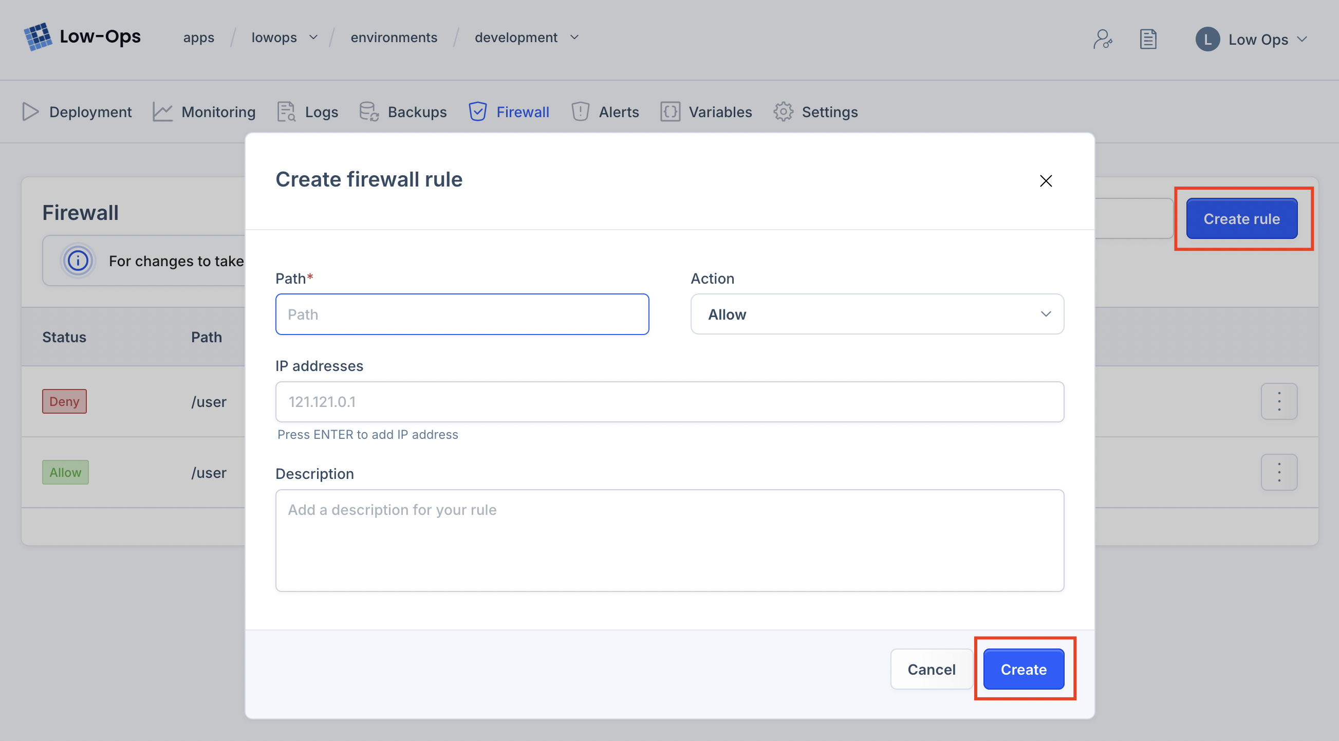 Create Firewall Dialog