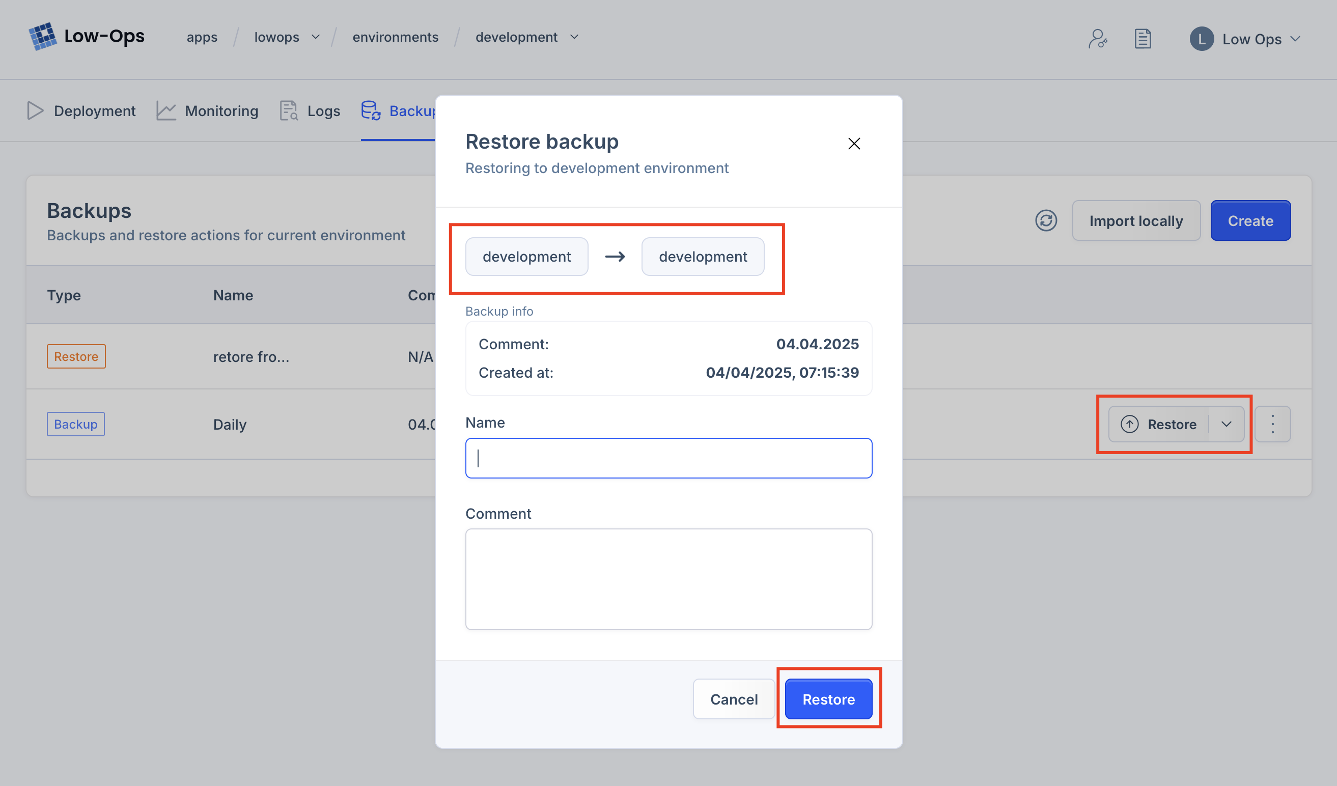 Restore Backup Dialog